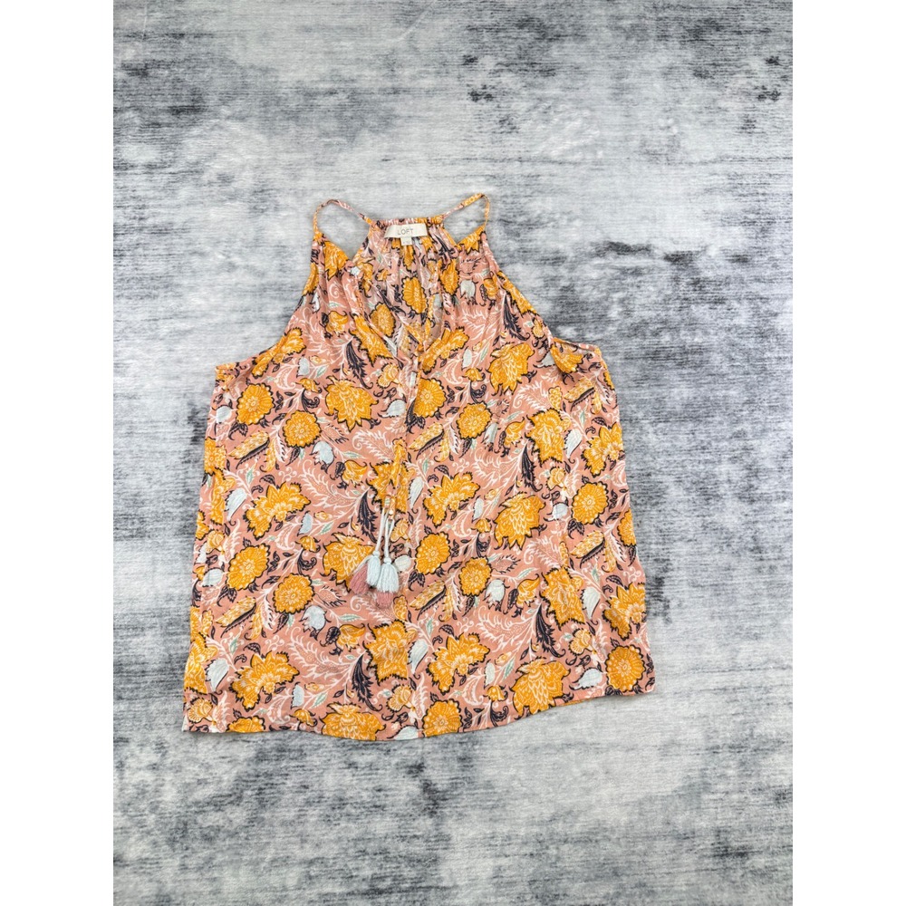 LOFT Womens Medium Orange Floral Paisley Halter Neck Tassel Tie Sleeveless Top